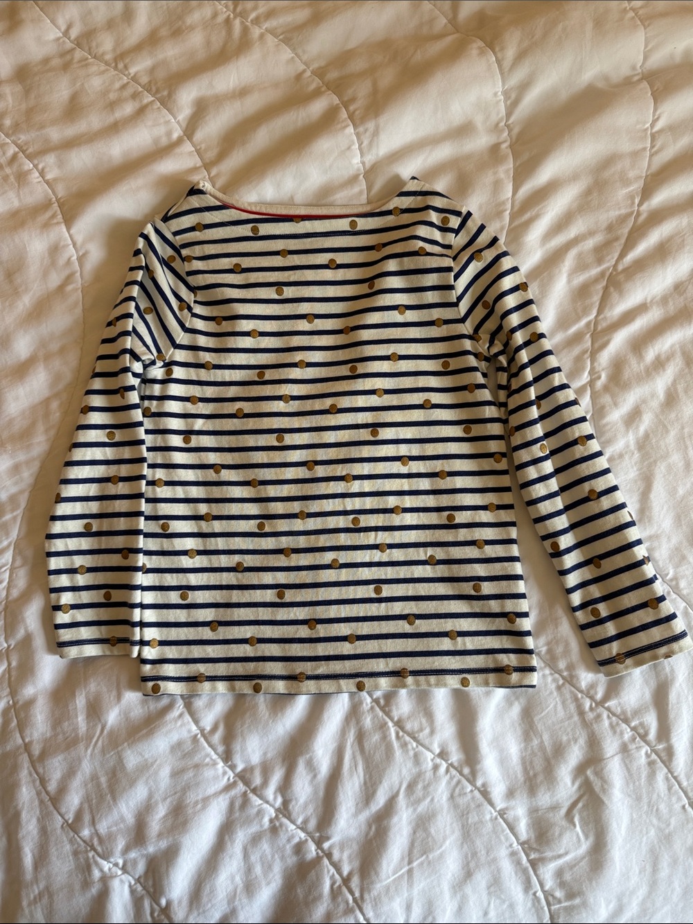 Boden Kids Long Sleeve Nautical Stripe Top with Gold Dots - Navy & Cream